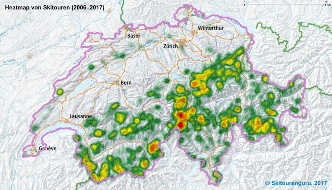 Abbildung: Heatmap einer Sammlung von GPS-Tracks von Skitouren des Zeitraums 2006-2017